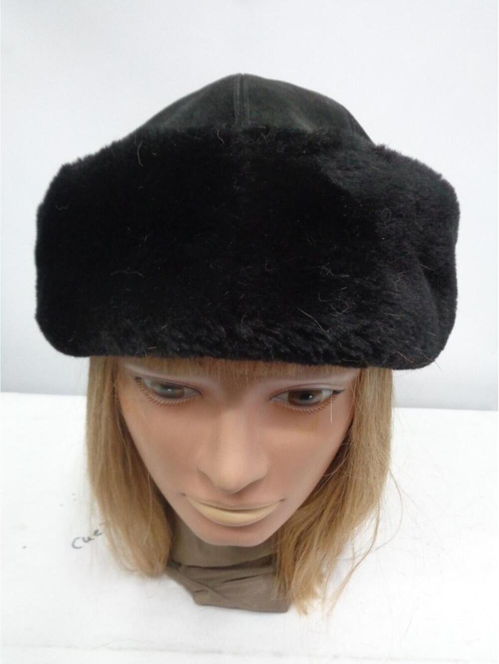 EXCELLENT BLACK FAUX FUR & SUEDE HAT CAP WOMEN WOMAN SIZE 22"